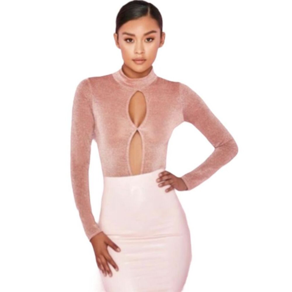 House of CB Bodysuit Sz S Concha Pink Metallic Keyhole Mock Neck Long Sleeve
